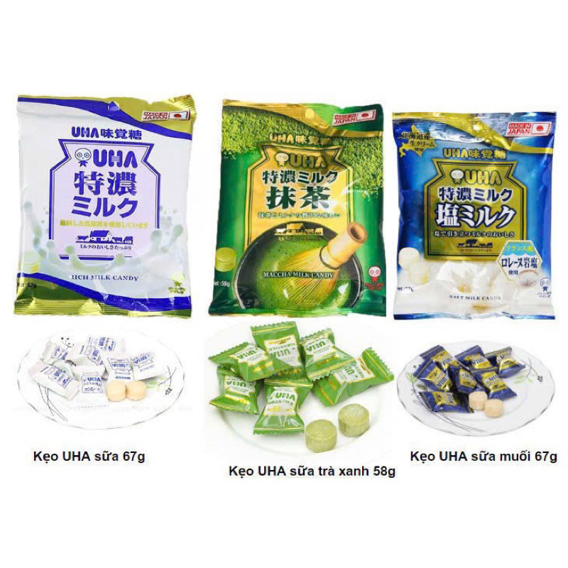 Kẹo UHA Nhật Bản vị trà xanh sữa, sữa bò, sữa muối, đậu đỏ, cafe, đường đen