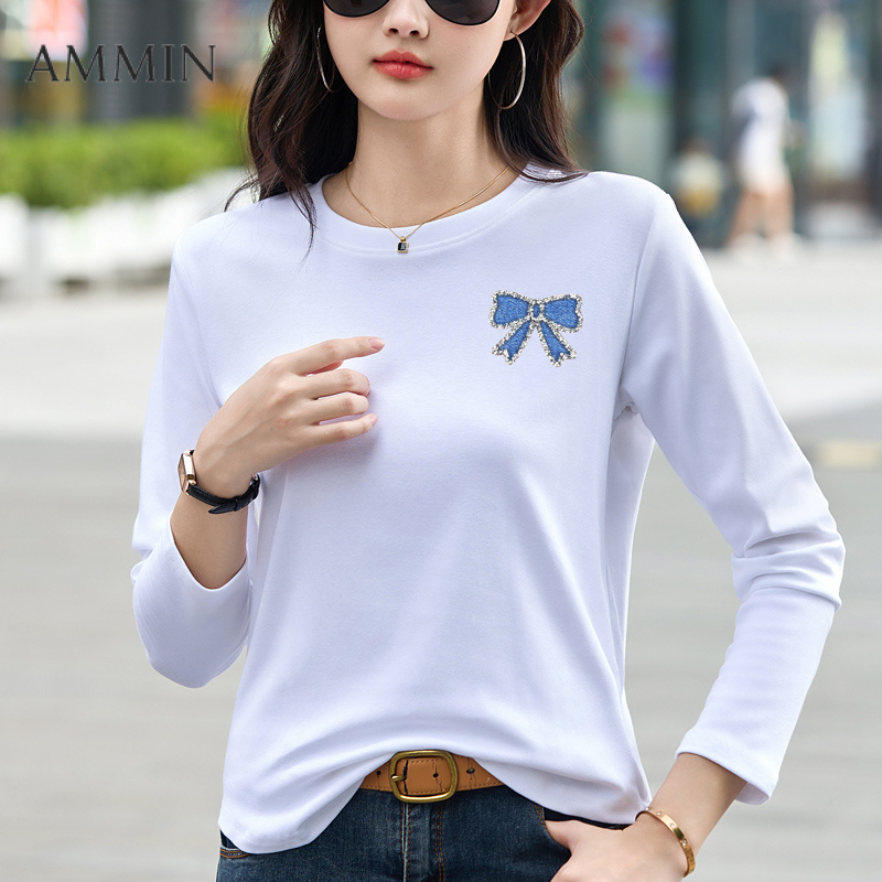Ammin phong cách Hàn Quốc vòng cổ đơn giản Thời Trang Định Vị Bowknot dài tay in họa tiết Căng Cotton T-Shirt Cho Phụ Nữ 2025 Mùa Thu Mới Tinh Tế Hot Stamping Sáng thiết kế kim cương màu trơn Giản Dị Áo Blouse thanh lịch