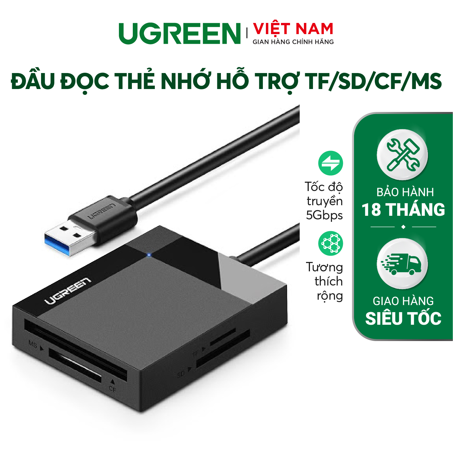 Đầu đọc thẻ USB3.0 UGREEN 30231 Hỗ trợ thẻ TF SD CF MS dài 1m