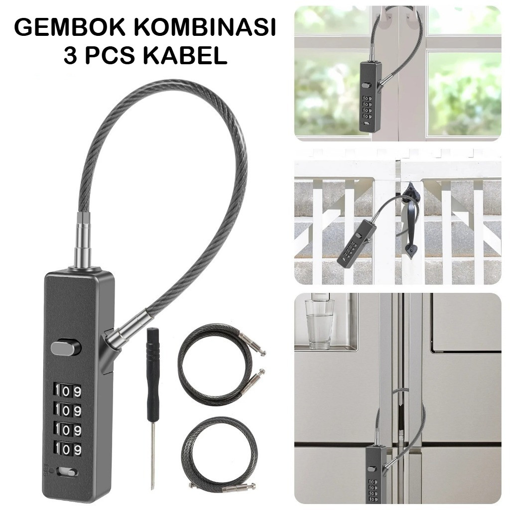 Lock006 Steel Cable Lock 3Pcs Combination Padlock Cable Polished Steel Wire Rope Strong Anti-Theft Harga 62,999 rupiah*Gratis Ongkir