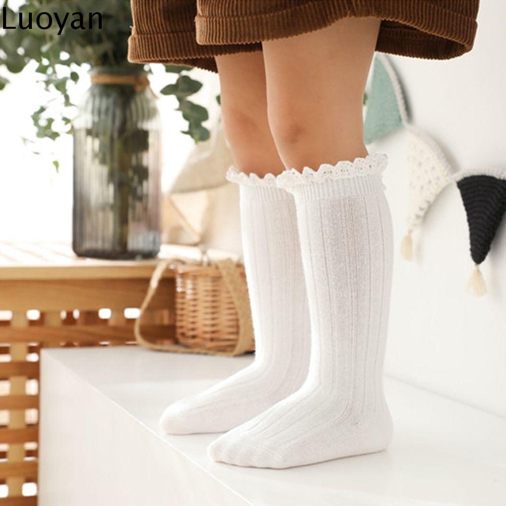 LUOYAN Mềm Ấm áp Ruffle Ren Màu trơn Bông Thoải mái Trẻ em Hàng Dệt Kim Tất phong cách Hàn Quốc Vớ cao đến đầu gối Vớ dài cho bé gái