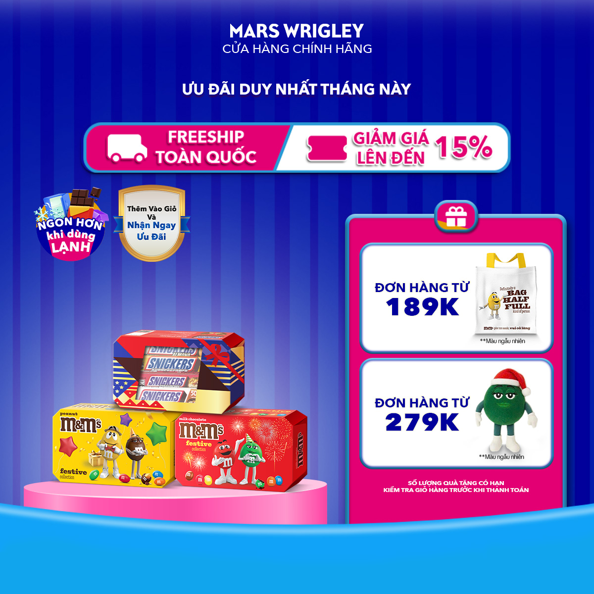  Set quà TẾT gồm 1 Hộp Kẹo socola Snickers 4 mùi vị dâu bơ caramel hạnh nhân giảm đường đậu phộng  31 Hộp x 171g  & 2 Túi Kẹo Socola M&M's mix vị: Sữa & Đậu phông  2 Túi x 111g  