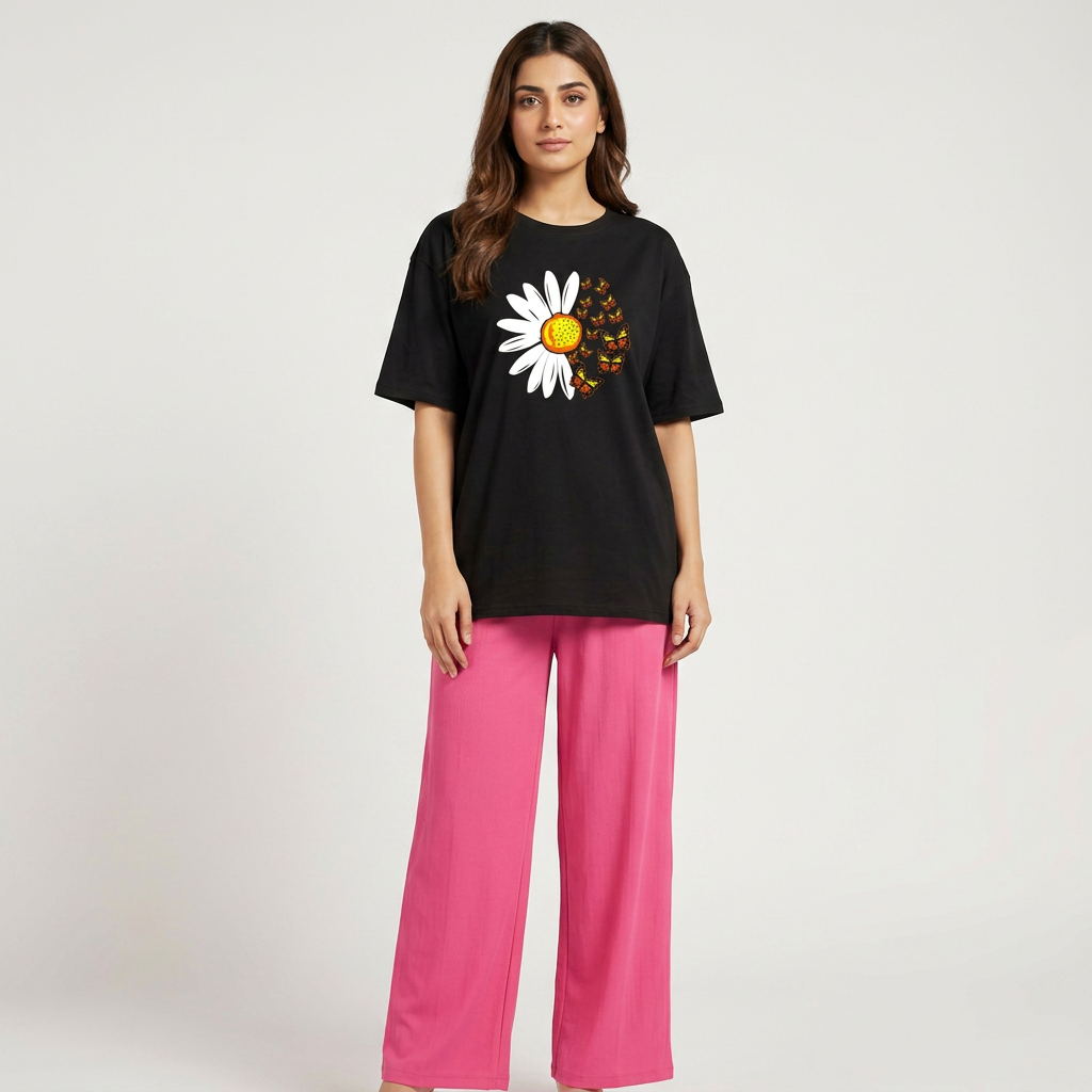 Cotton Jersey 2-Piece Pajama Set for Women & Girls (S–XL, 7–14) – Summer Lounge/Sleepwear, Relax Fit Tee + Wide-Leg Trouser (Sunflower / Butterfly Daisy)