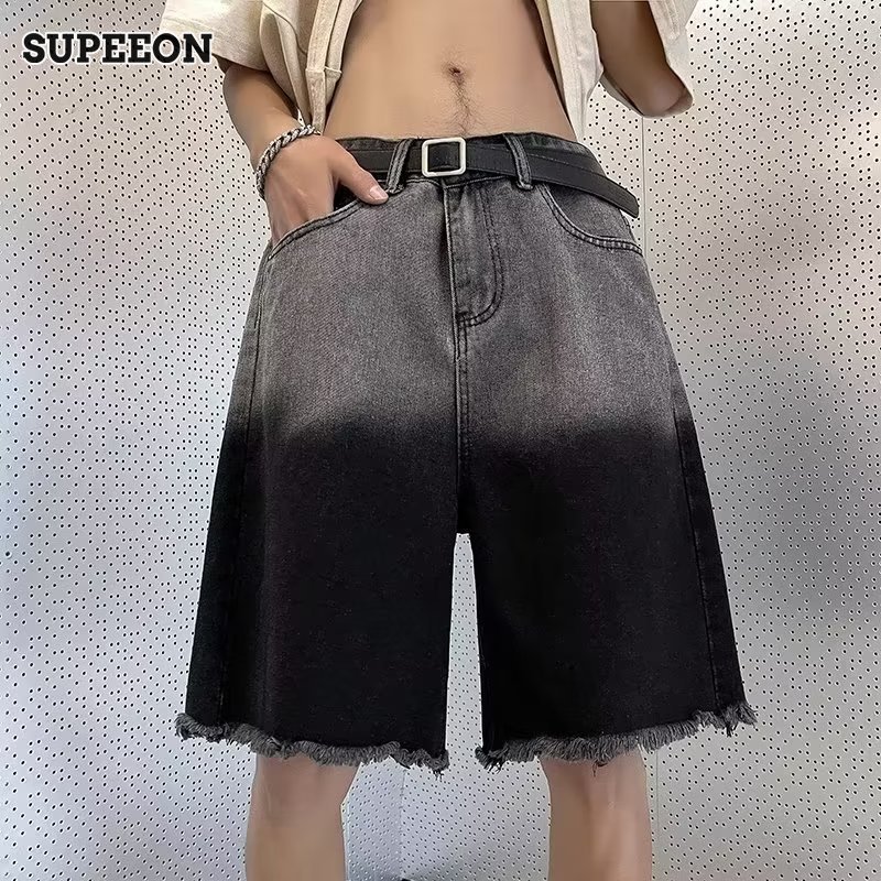 SUPEEON Men s shorts thin gradient raw edge denim shorts new trendy