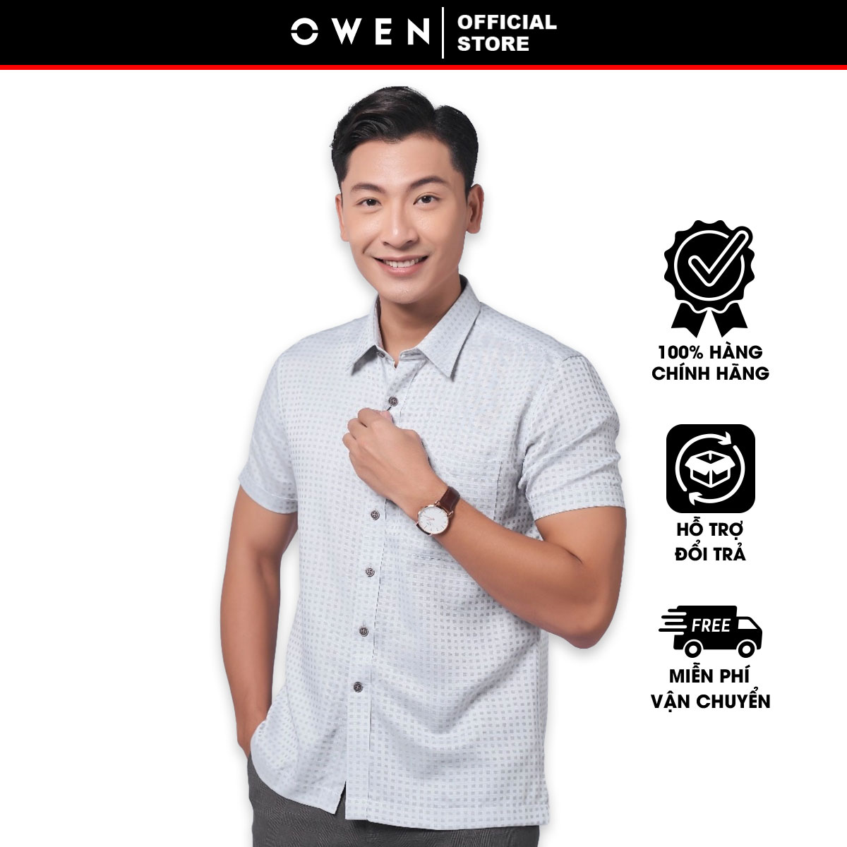 OWEN SALE - Áo Sơ Mi Owen Tay Ngắn Màu Xám  Họa Tiết Caro Form Body Fit Lai Ngang Chính Hãng