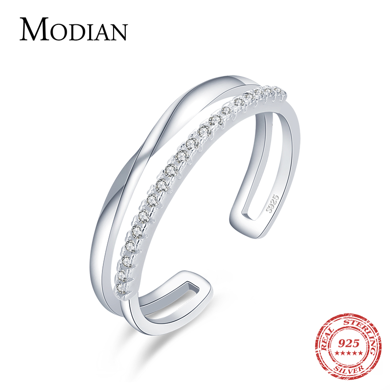 Modian 925 Sterling Silver Double Layer Adjustable Sparkling Clear CZ Charm Finger Ring For Women Wedding Engagement Jewelry ราคา 283 บาท*ส่งฟรี