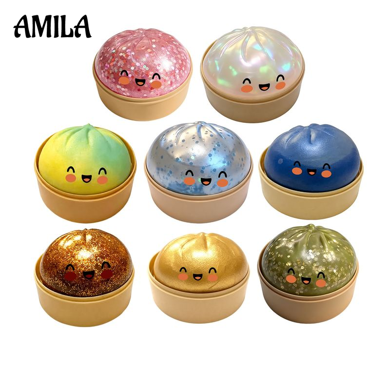 AMILA Cute Simulated Steamed Bun Squishy Toy with Sparkly Texture and Happy Face Design for Stress Relief and Fun ราคา 51 บาท*ส่งฟรี