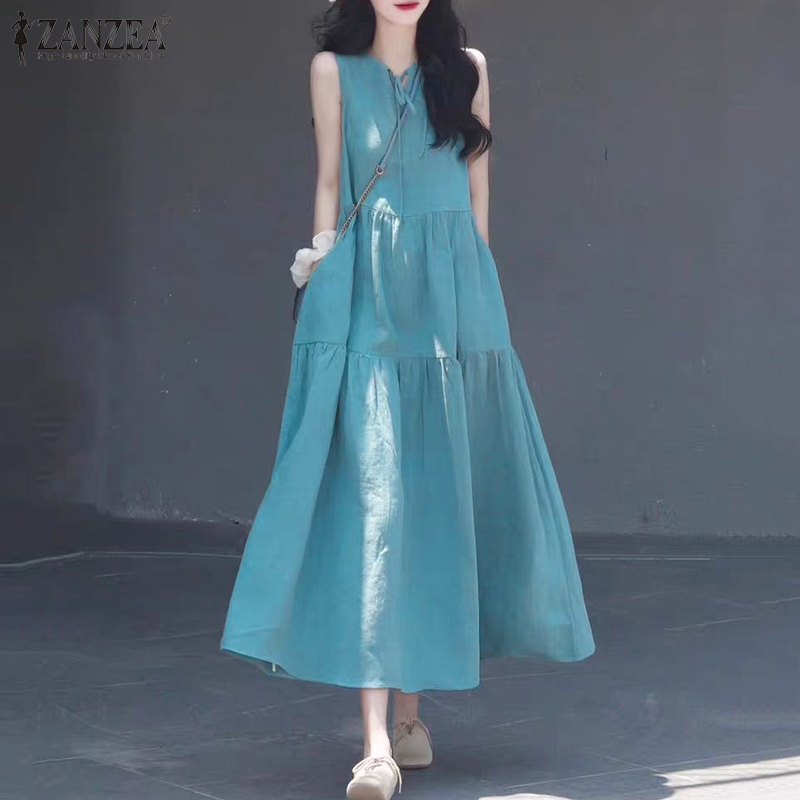 Zanzea phong cách hàn quốc nữ Váy Cổ Tròn Trơn Nhiều lớp ren nữ không tay Đầm dài A-line #0324