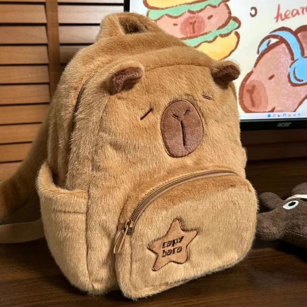 CX1TE8 Vải nhung lông capybara Ba lô vải nhung lông capybara Sức chứa lớn Hoạt hình động vật Túi vải nhung lông capybara Cặp sách capybara Thời trang Túi đeo chéo capybara Quà sinh nhật cho trẻ em