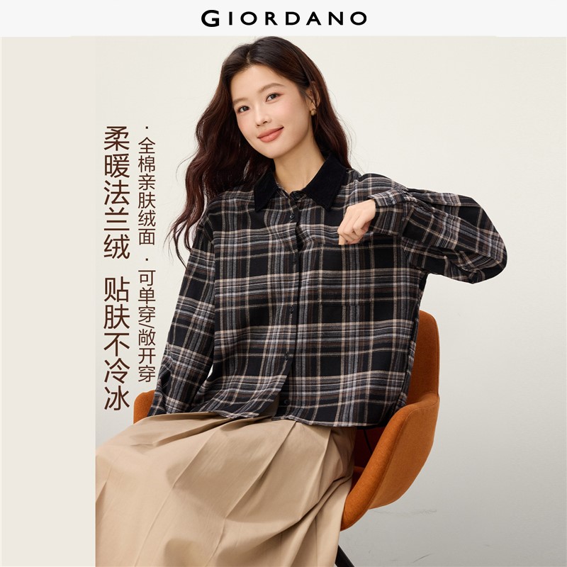 GIORDANO Women Shirts Corduroy Collar Cotton Flannel Plaid Shirts Long Sleeve Fashionable Casual Loose Shirts 13346610