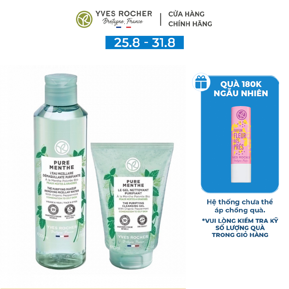 Combo làm sạch da yves rocher sữa rửa mặt dạng gel pure menthe & nước tẩy trang pure menthe 325ml