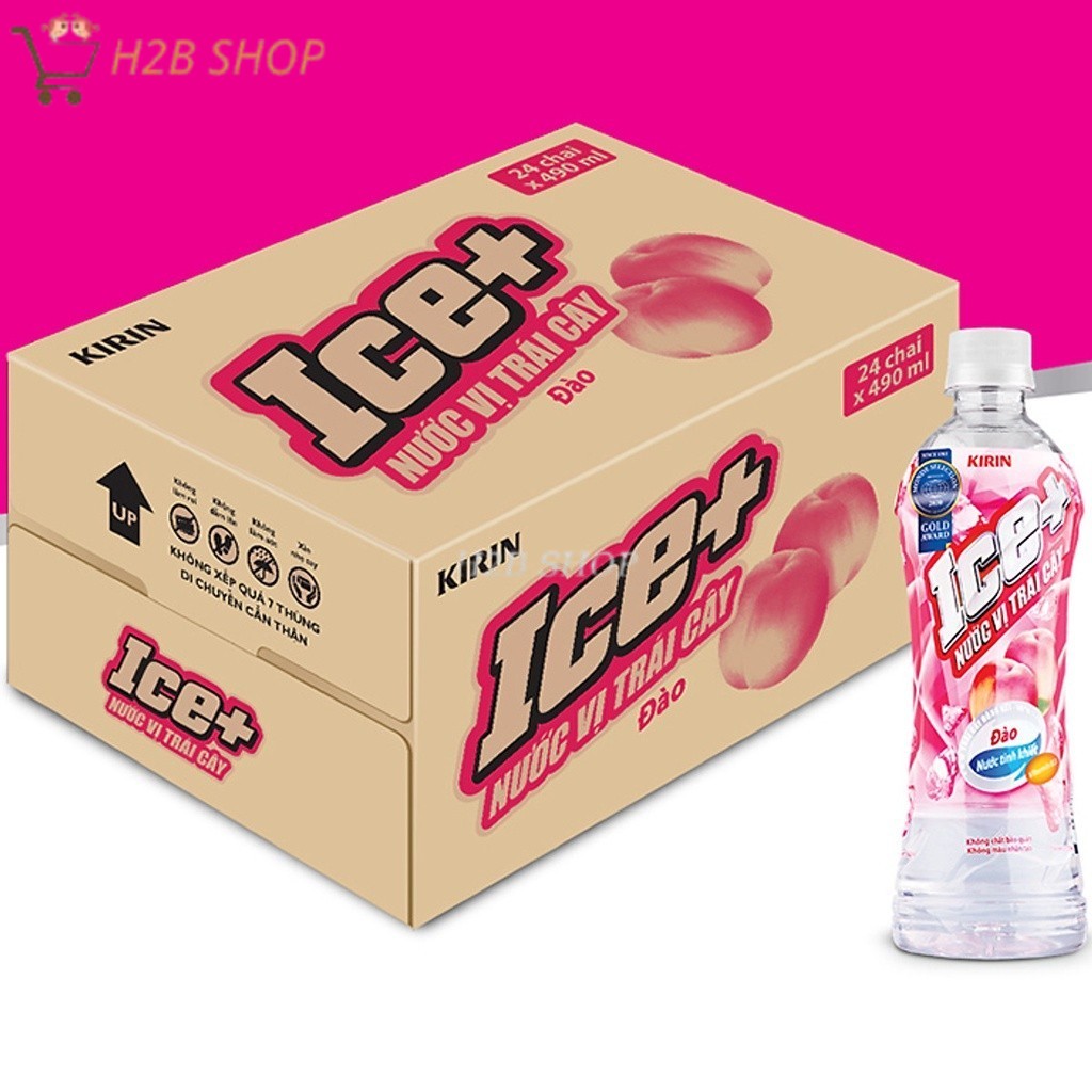 Thùng 24 chai nước uống vị trái cây Ice+ đào (490ml/chai)