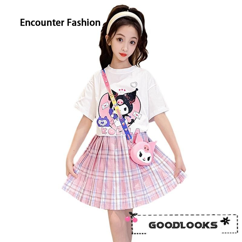 Gd -kids Girls' skirts Short arms Old crew members Printed cartoonists Pastes Plaid JK dresses Summer dresses ราคา 223 บาท*ส่งฟรี