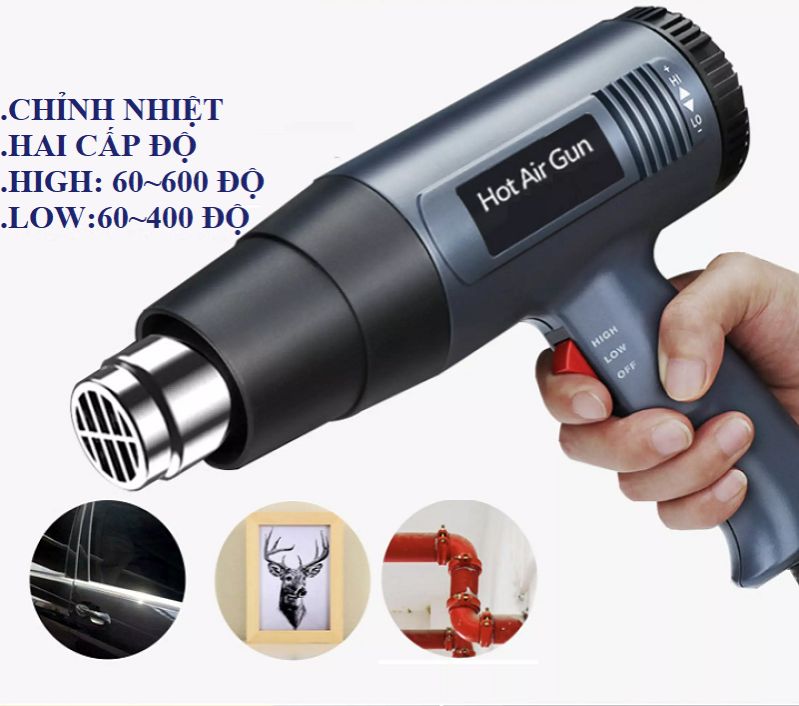 Máy khò nhiệt cầm tay, Máy khò nhiệt nóng 2000W Hot Air Gun, hữu ích trong việc hoà tan vật liệu, kết dính, loại bỏ những vật liệu khi không còn tác dụng nữa, có điều chỉnh nhiệt độ