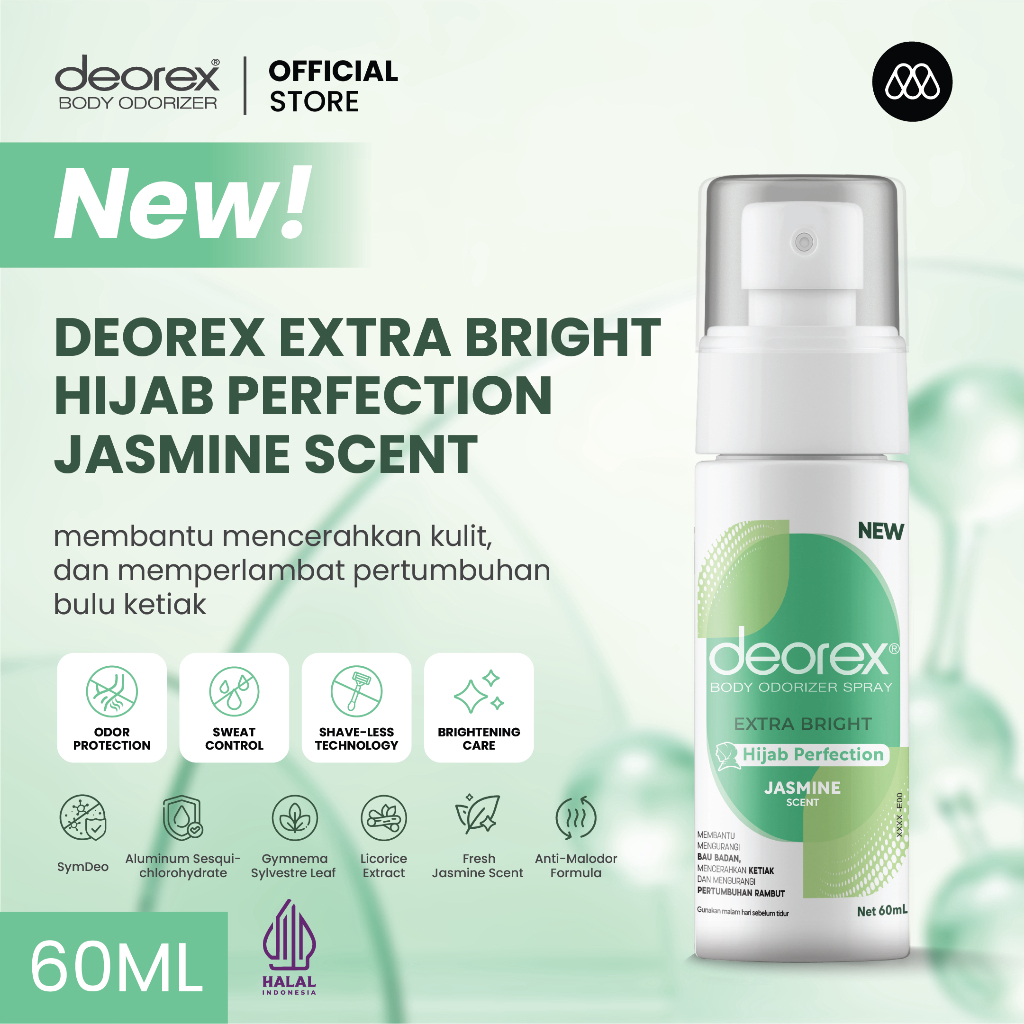Deorex Body Odorizer Extra Bright Hijab Perfection Jasmine Scent Spray 60ml Pengganti Deodorant A...