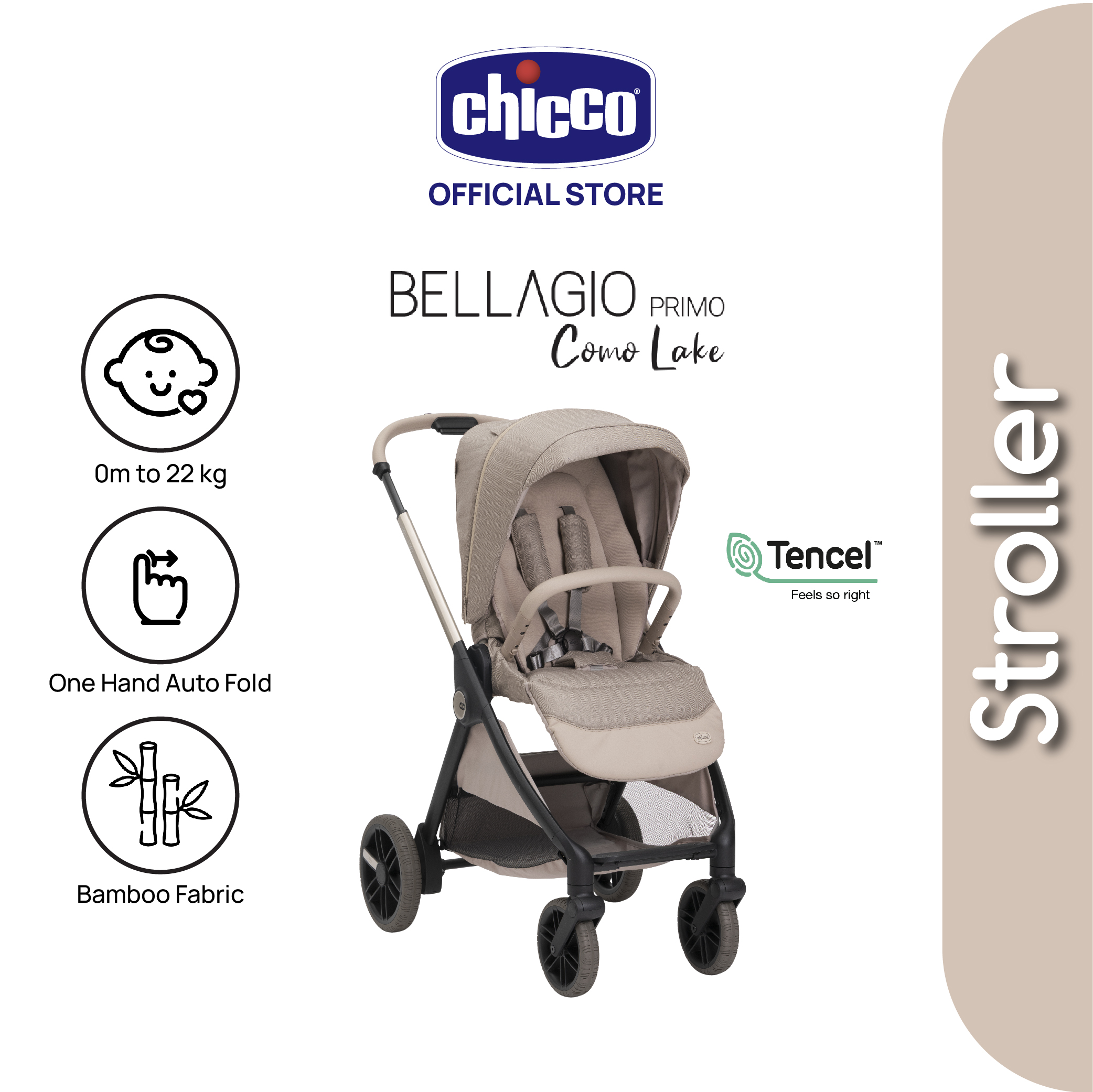 [New] Chicco Bellagio Primo Two Ways Facing Newborn Auto Fold Stroller 0-22kg (Como Lake) - Merino Wool Tencel Bamboo