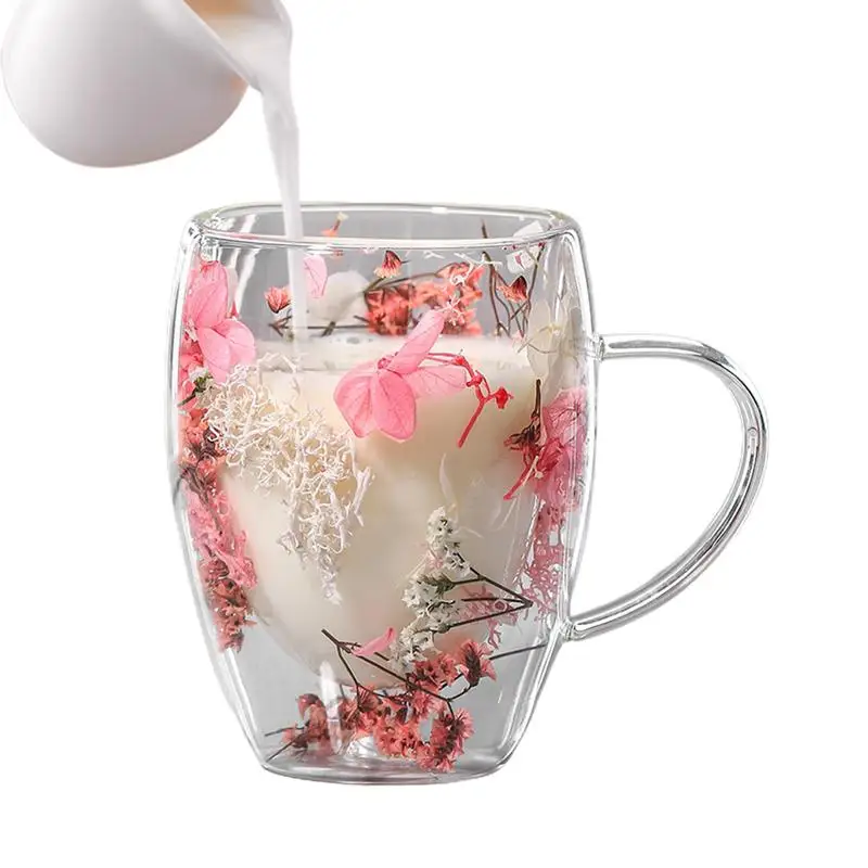 【Rear Waves】 350ml Double Wall Glass Cup Dried Flowers Glass Cup with Handle Anti-Scalding Mugs Coffee Mugs Cups Heat Resistant Tea Cup