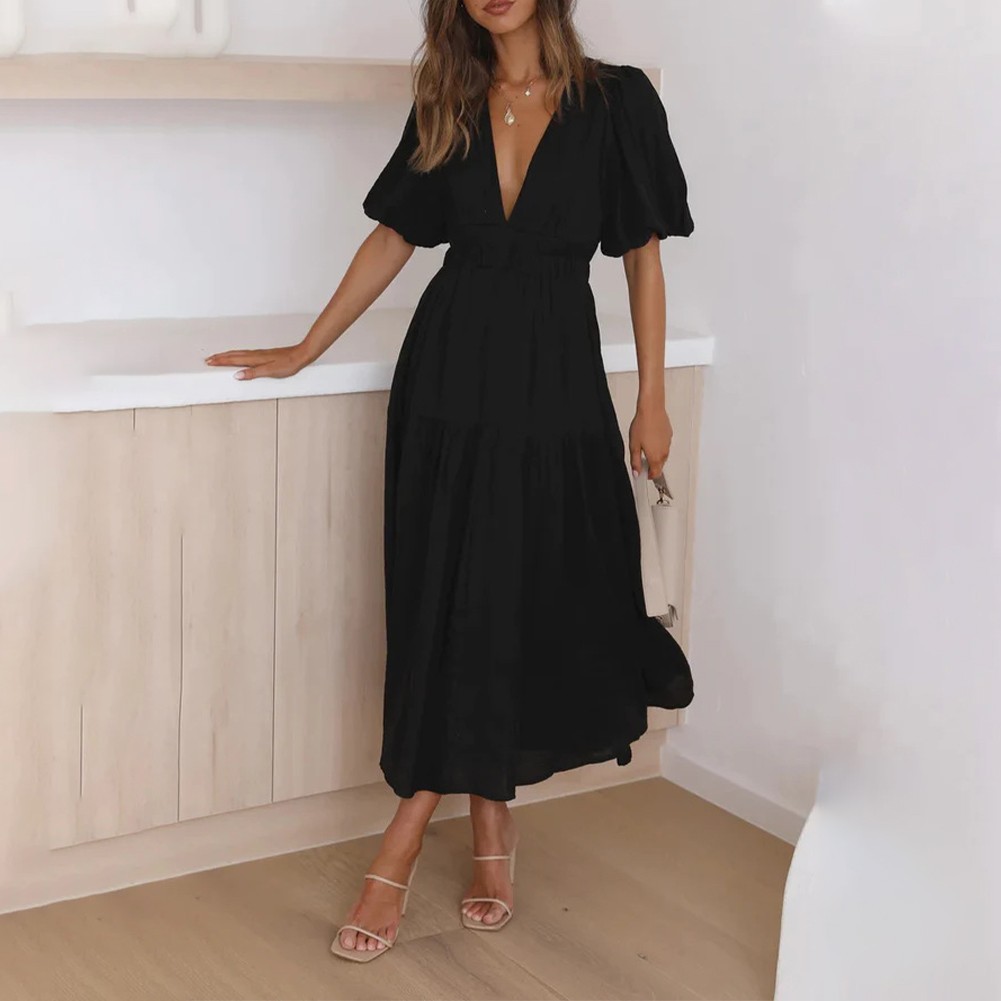 Hot kỳ nghỉ Đầm nữ tay áo phồng Đảng smocked eo v-cổ kỳ nghỉ miễn phí vận chuyển