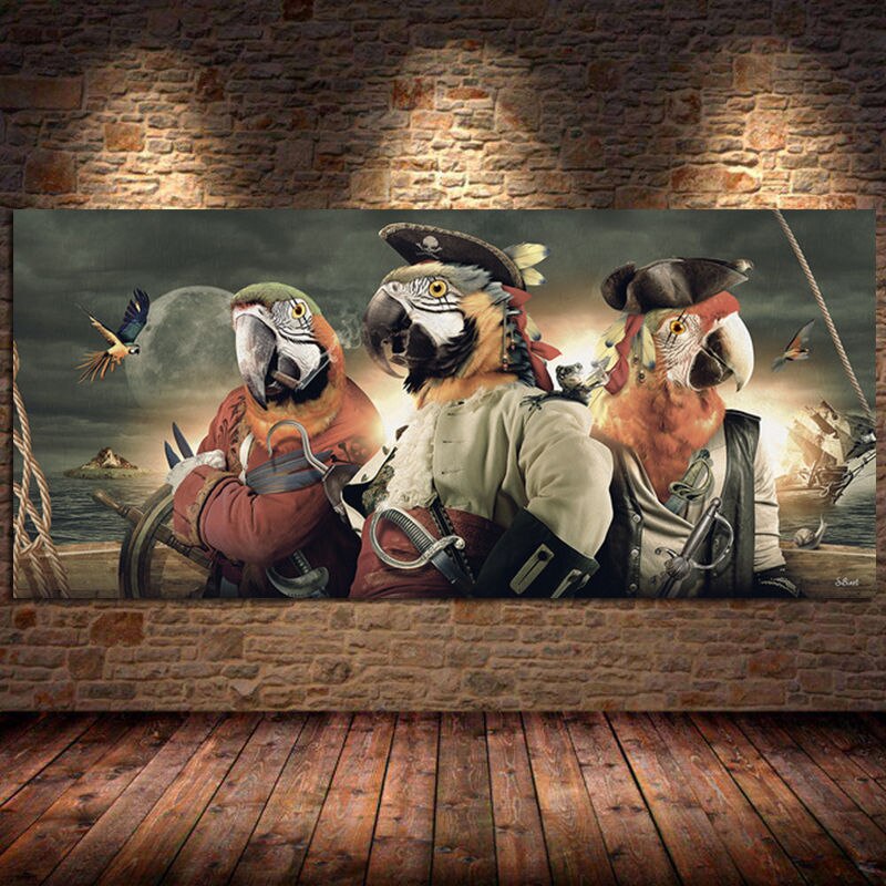 Đáng yêu con vẹt trong một cướp biển trang phục vải sơn áp phích in tường hình ảnh nghệ thuật cho phòng khách động vật trang trí nội thất chim có khung 0922