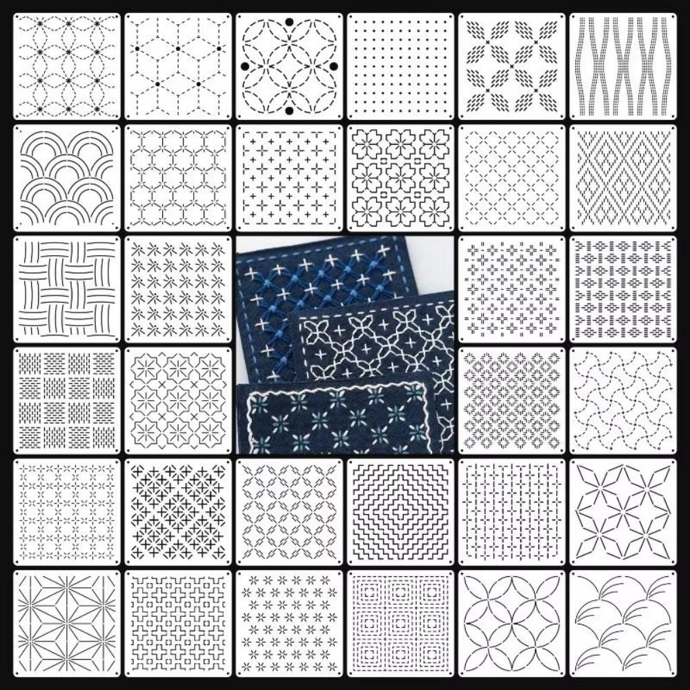 ELITEDEALSHUB 9/32Pcs Handmade Sashiko Embroidery Template Geometric Translucent PET Stencil Reusable Patchwork Stencil Embroidery Handicraft Tools