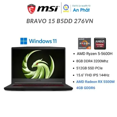 Laptop MSI Bravo 15 B5DD-276VN (Ryzen5 5600H/512GB SSD/8GB/RX5500M 4GB/15.6