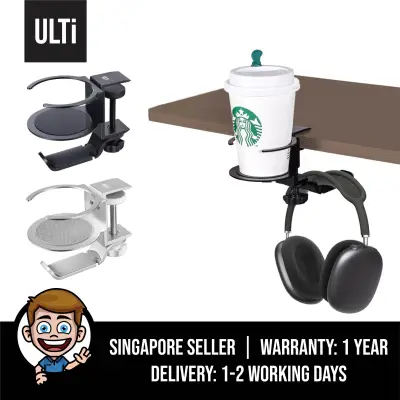 ULTi Headphone Hanger Stand, Headset Mount with Drink Cup Holder for Gaming, Under Desk, Table, Clamp-On Design