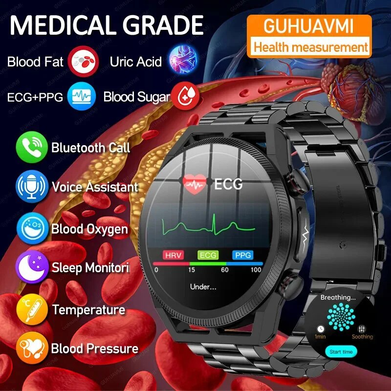 2024 Uric axit không xâm lấn đường huyết Đồng hồ thông minh người đàn ông lipid máu oxy máu huyết áp Bluetooth cuộc gọi Smartwatch