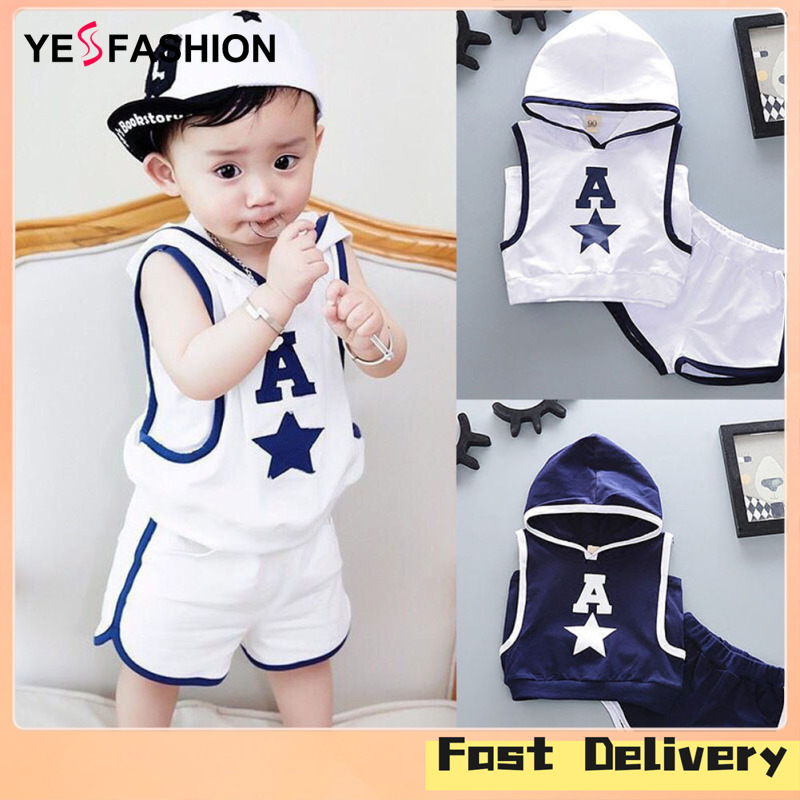 Yesfashion Store IN stockKids Baby Boys Girls Casual Printing Hooded Vest Shorts Set ราคา  175 บาท*ส่งฟรี