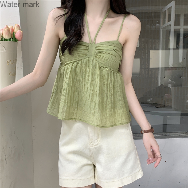 Summer new style solid color small fresh French sling halter solid color sweet little vest to wear double layer small sling