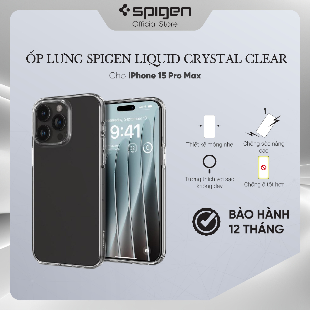 Ốp lưng cho iphone 15/ 15 plus/ 15 pro/ 15 pro max spigen liquid crystal clear - hàng chính hãng