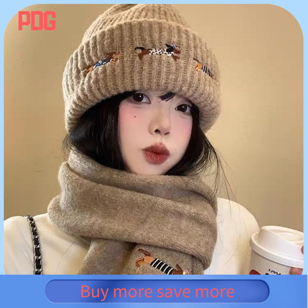 PDG Mềm mại Mũ len và khăn quàng cổ Thêu hình chó Làm dày Mũ len ấm áp Thời trang Bảo vệ chống lạnh Mũ len móc Phụ nữ