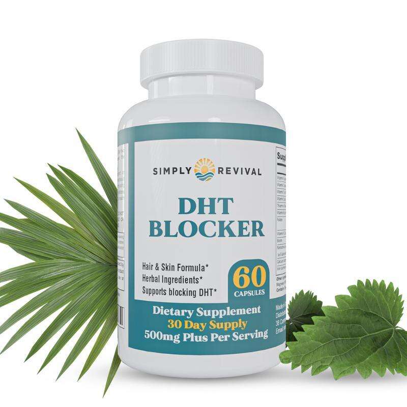 Simply Revival DHT Blocker Formula with Herbal Ingredients 500mg Plus Per Serving 30 Day Supply Promotes Healthy Hair Growth Clear Skin US Made - 60 Capsules