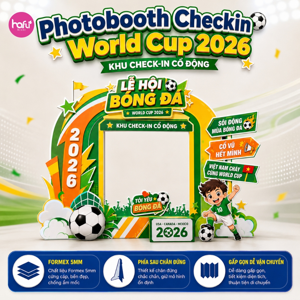 Photobooth Checkin World Cup 2026 Formex 5mm – Khung Chụp Ảnh Bóng Đá Cổ Động Có Chân Đứng