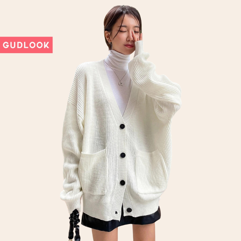 Áo len cardigan cổ v 4 cúc gudlook len tăm dệt kim màu trắng nâu