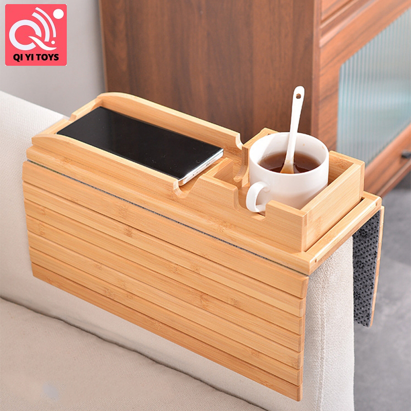 Khay tay vịn của sô pha băng dài, khay tay vịn sofa bằng gỗ với khay ngăn để cốc ghế có thể tháo rời, khay tay sofa gấp 3 trong 1, ngăn để cốc ghế chống trượt cho điều khiển từ xa