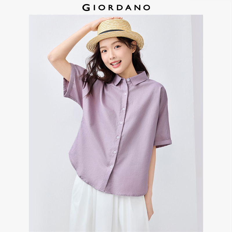  GIORDANO Nữ Áo sơ mi vải lanh cotton cổ điển áo sơ mi rộng tay ngắn bo gấu đơn giản thời trang thường ngày 13345226 