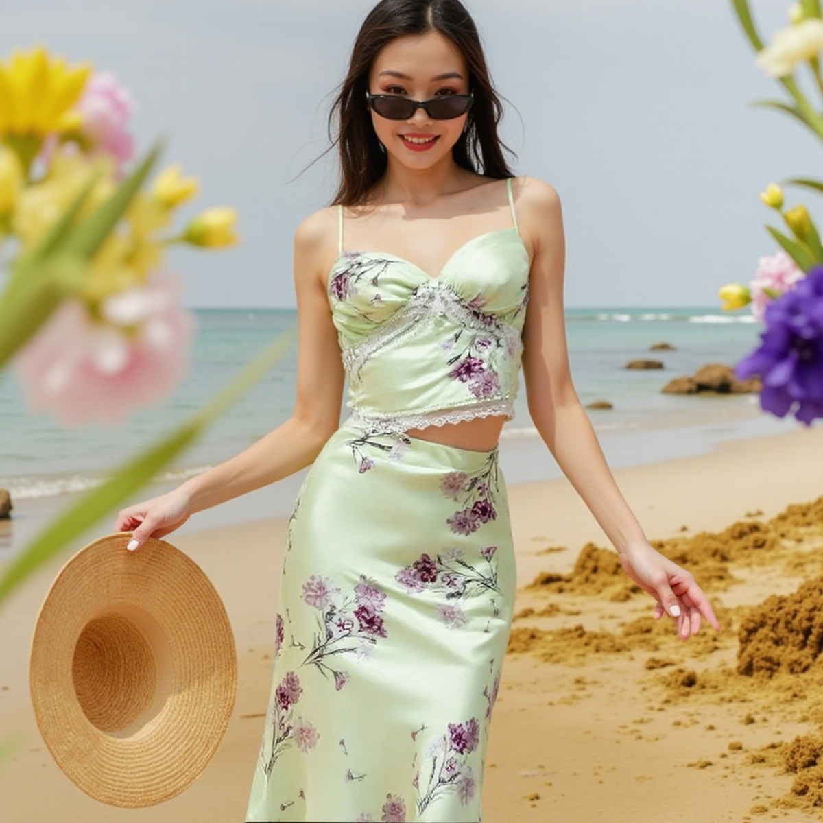 BRANCHÉ ชุดสำหรับผู้หญิงฤดูร้อนที่สง่างามฝรั่งเศสลูกไม้ดอกไม้แขนกุดที่รักคอถัง Maxi เอวสูงกระโปรงนางเงือกวันหยุดชุด B250313 ราคา 896 บาท*ส่งฟรี