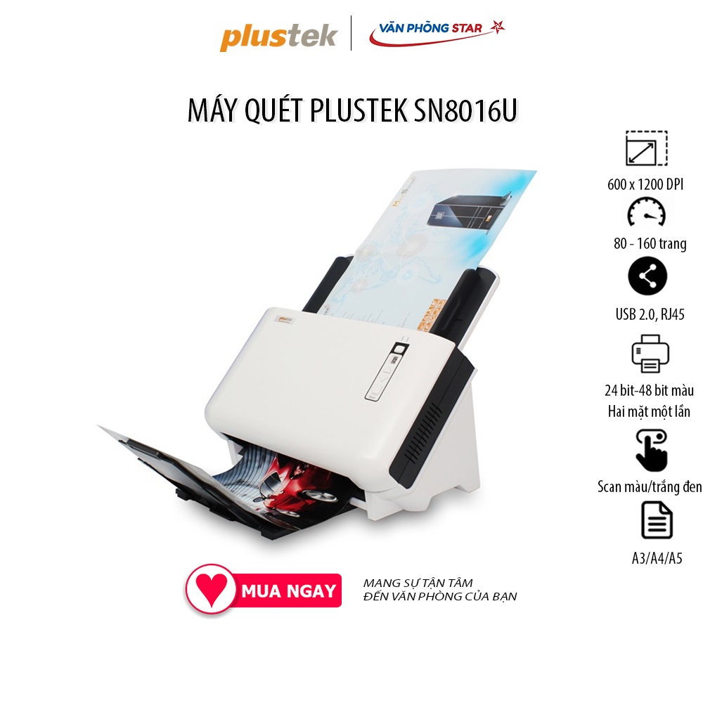 Máy scan Plustek SN8016U quét hai mặt khổ A3 với tốc độ 80 tờ/phút, 160 ảnh/phút ở 300 dpi