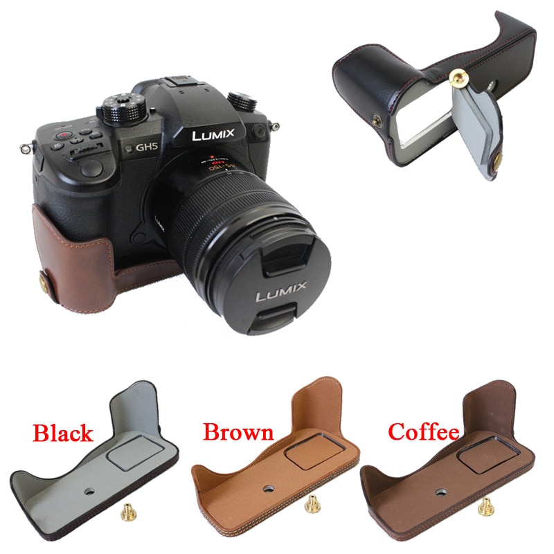 Chất liệu da PU máy ảnh trường hợp nửa cơ thể cho Panasonic GH5 Lumix GH5 dưới túi mở pin đen Màu cà phê màu nâu