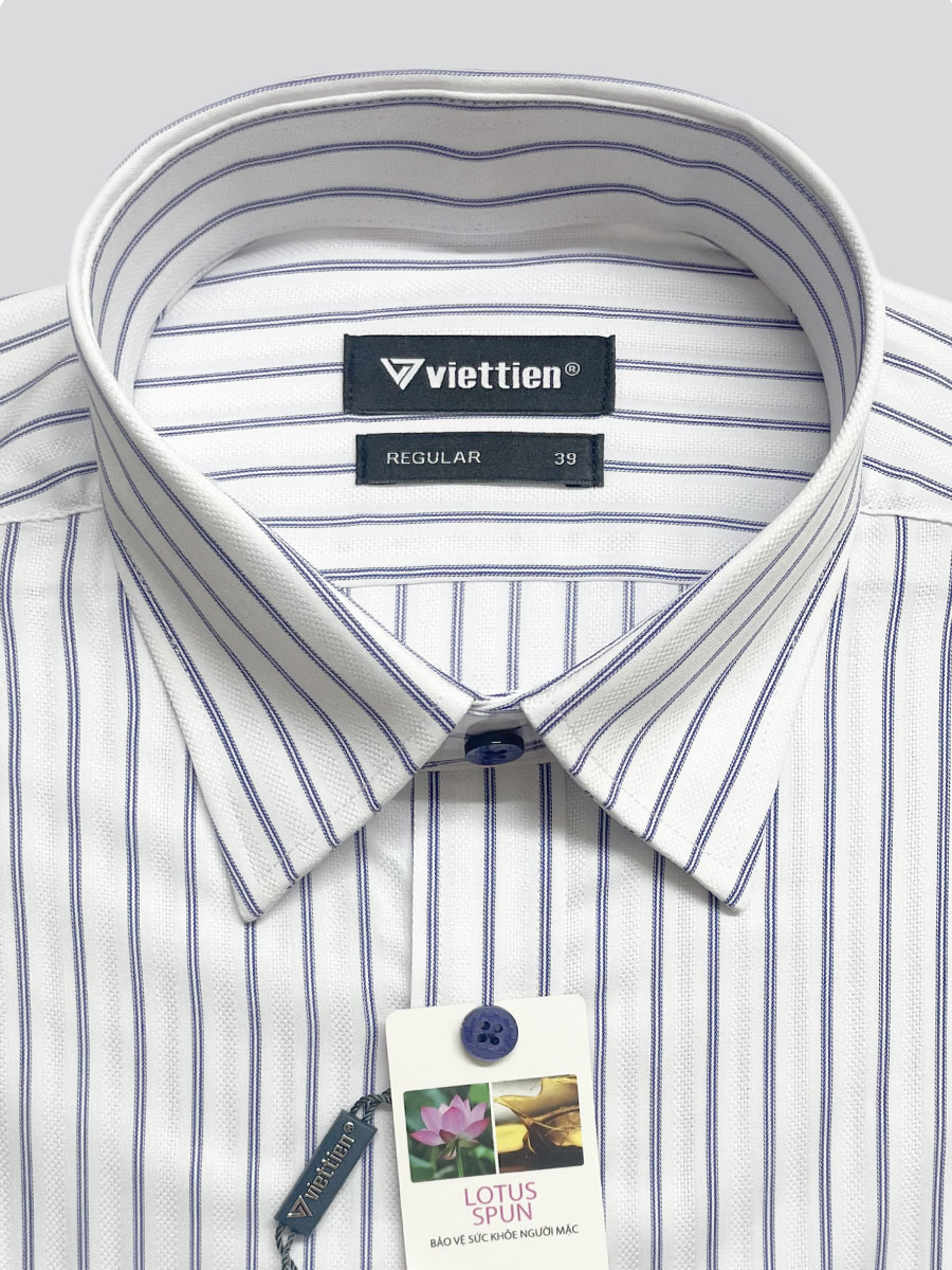 VIỆT TIẾN SALE - Áo Sơ Mi VIETTIEN Tay Dài, Màu Trắng - Xanh Navy , Họa Tiết Sọc Dọc, Form Regular Lai Bầu, Chính Hãng