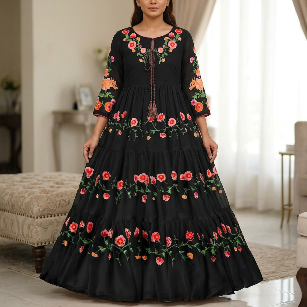 Stylish Flower Embroidered Chiffon Maxi Full Flair (Only Maxi) Paty Wear Maxi Dresses For Women