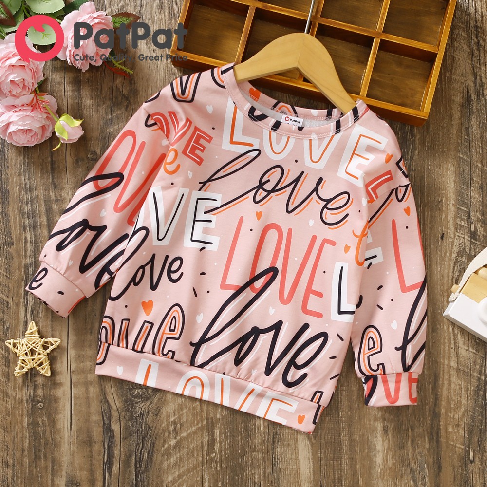 PatPat Toddler Girl Letter Print Pink Pullover Sweatshirt