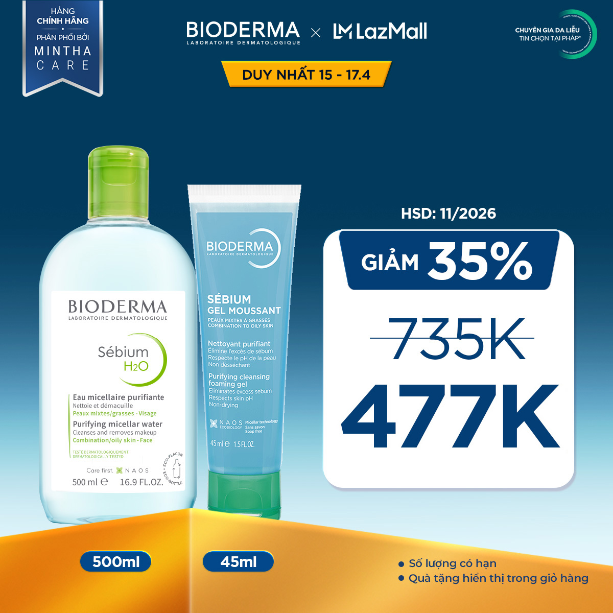 Bộ nước tẩy trang và làm sạch micellar cho da dầu, mụn Bioderma Sebium H2O 500ml và gel rửa mặt tạo bọt 45ml
