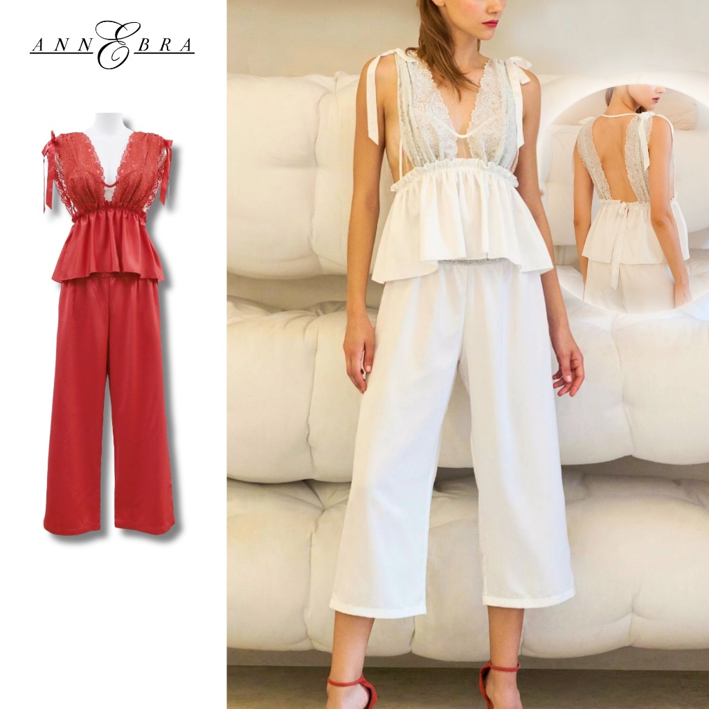 Annebra ชุดลำลอง เสื้อและกางเกงขายาว ผ้าซาตินแต่งลูกไม้ Casual Satin Sleeveless Top and Long Pants รุ่น AN8-828 ราคา 1,990 บาท*ส่งฟรี