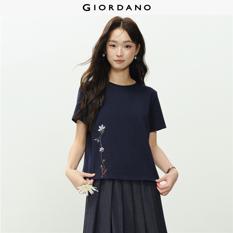 GIORDANO Women T-Shirts 100% Cotton Floral Embroidery Tee Crewneck Short Sleeve Fashionable Casual Regular T-Shirts 18326226