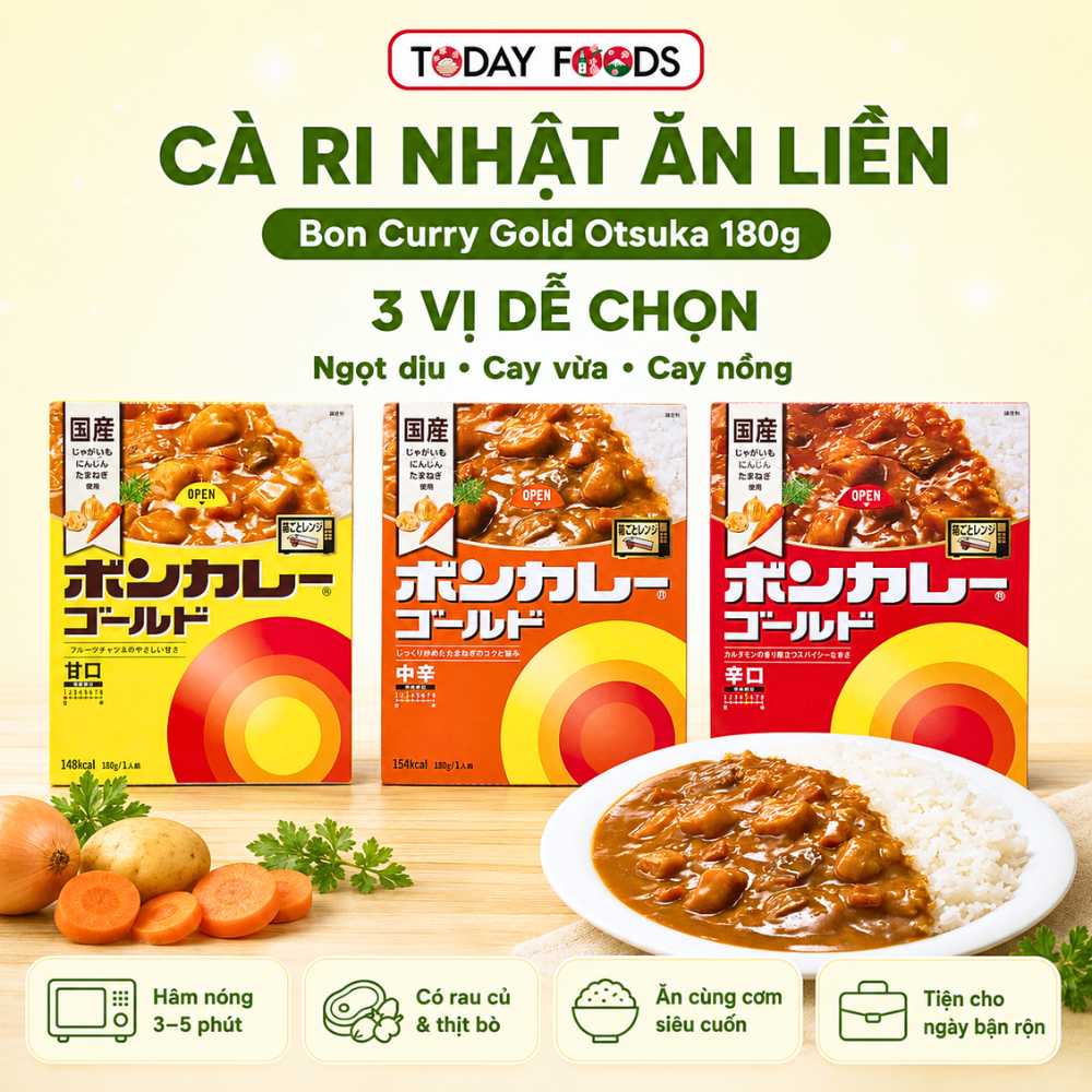 Cà Ri Nhật Ăn Liền Bon Curry Gold Otsuka 180g - Sốt Cà Ri Rau Củ Có Thịt Bò, 3 Vị Tiện Lợi