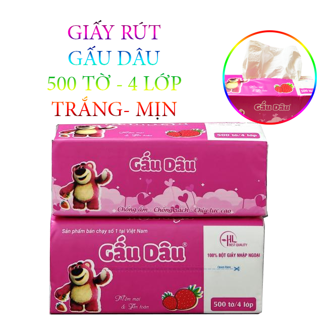 Khăn Giấy Khô Gấu Dâu (Gói 500 Tờ X 4 Lớp)