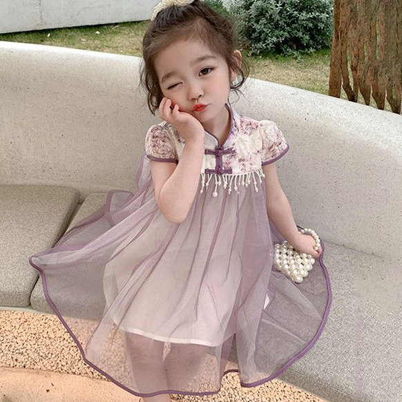 Hanfu qipao Chân váy công chúa 10 tuổi trẻ em tay ngắn cho bé váy chữ A hoa màu tím quần áo Little DR sườn xám váy mùa hè cho bé gái Ngọc Trai Trung Quốc năm mới