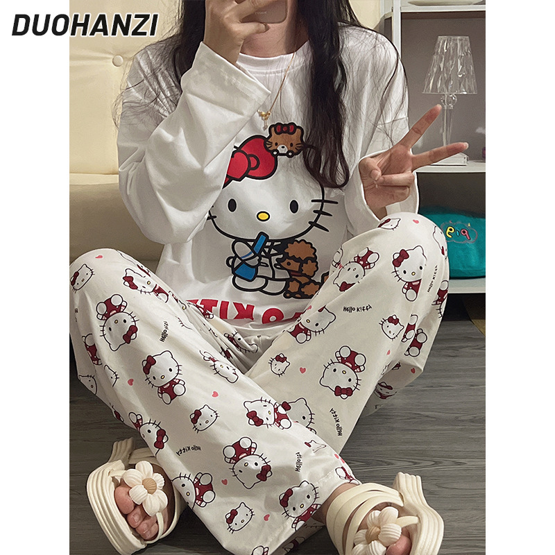 DUOHANZI Tracksuit mùa xuân và mùa thu đồ ngủ cho phụ nữ, cổ tròn rộng, quần áo nhà Hello Kitty dễ thương, quần dài tay giản dị đơn giản phù hợp với hai mảnh