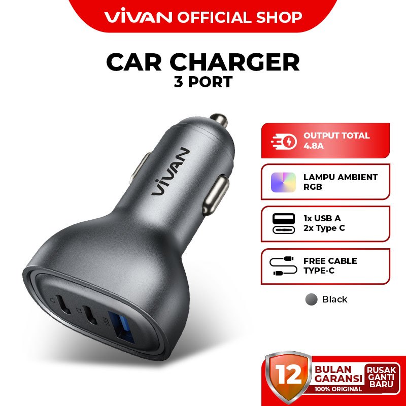 VIVAN Car Charger 3 Port 4.8A Max with RGB Light Free Type C Cable CCQ05 Garansi 12 Bulan Harga 104,500 rupiah*Gratis Ongkir